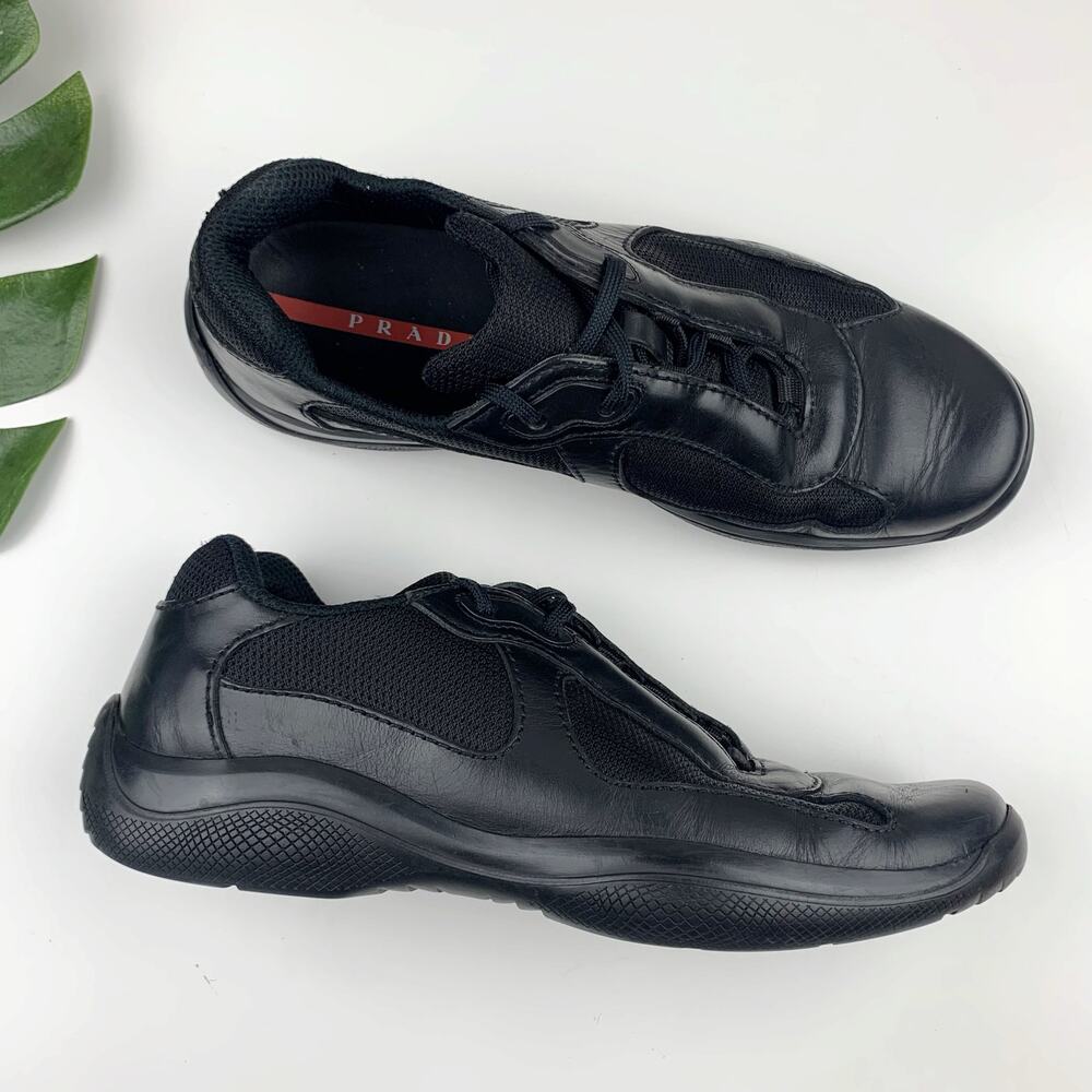 Prada America's Cup Sneakers Black Leather Lace Up Shoes Italy Men's 9